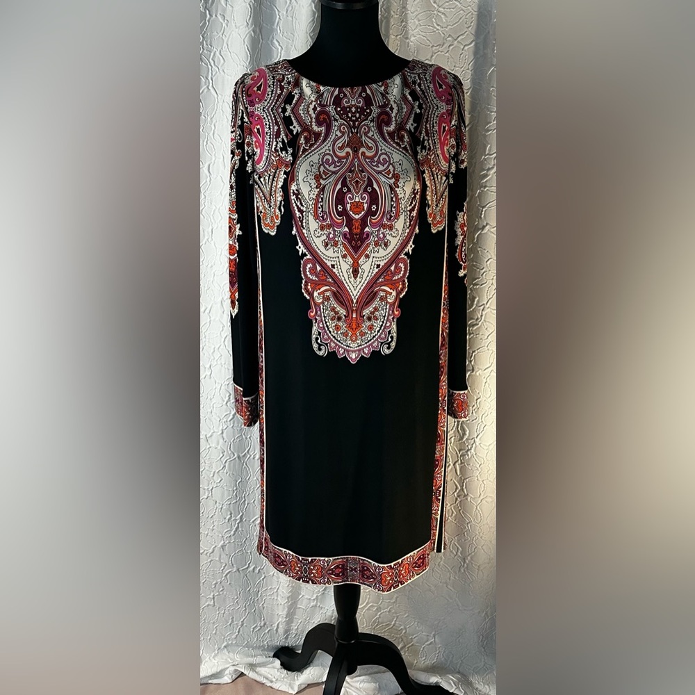 DONNA MORGAN-Elegant Black and Red Paisley Dress Size 10